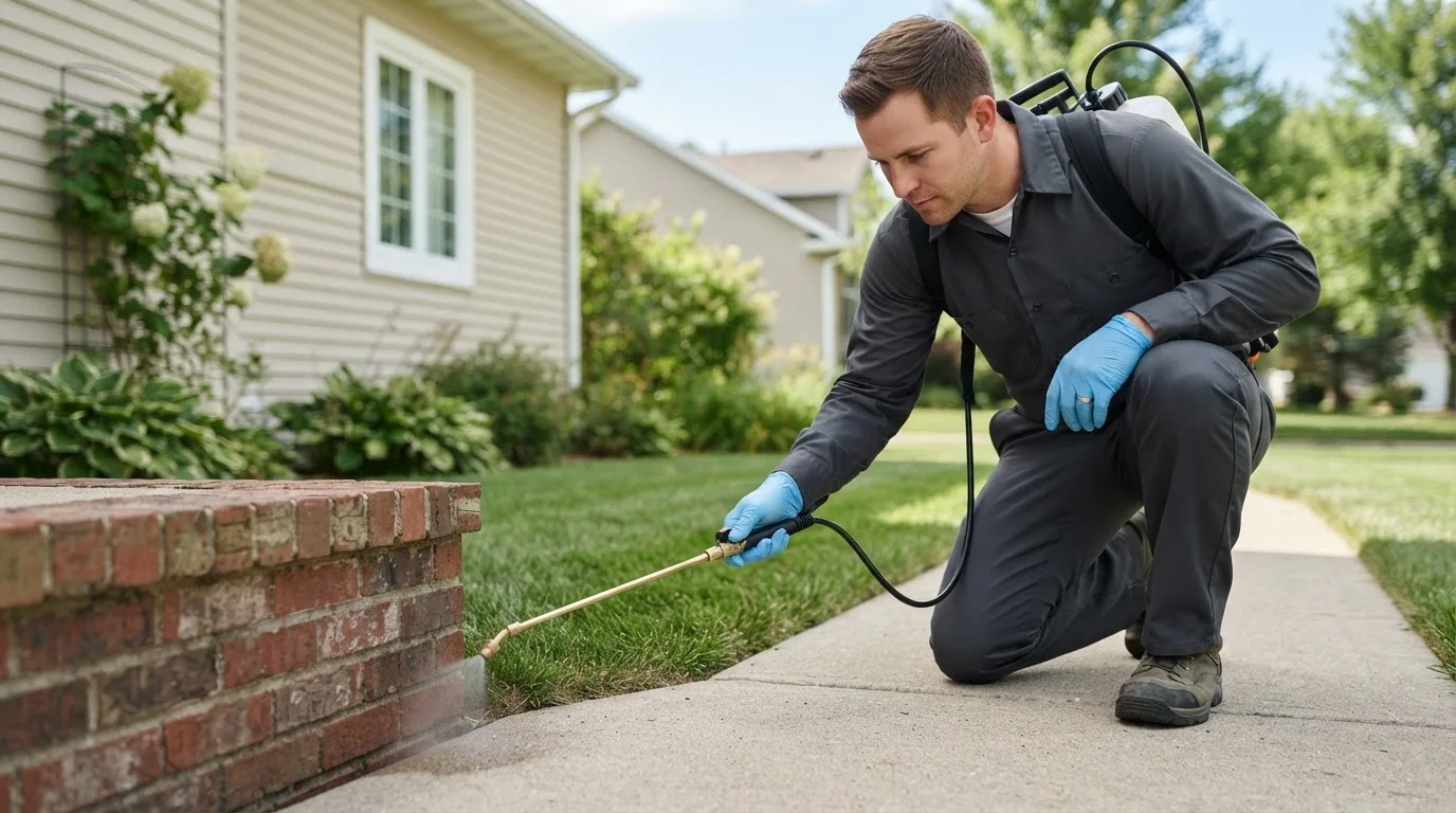 Pest control technician treating a home near Richwoods, MO